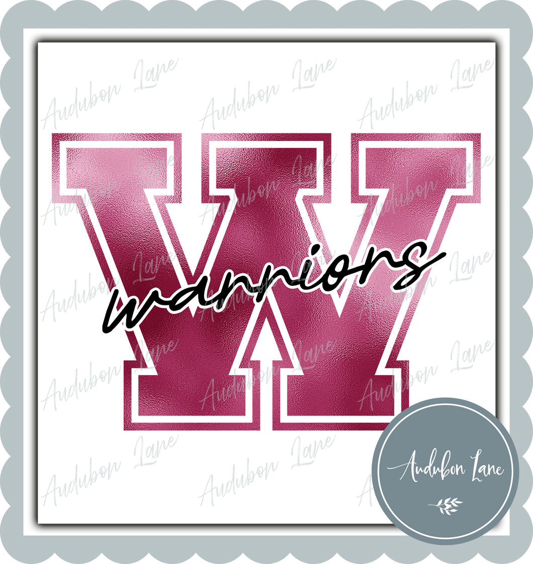 Warriors Breast Cancer Awareness Faux Metallic Pink Foil Mascot Letter Ready to Press DTF Transfer Customs Available On Request