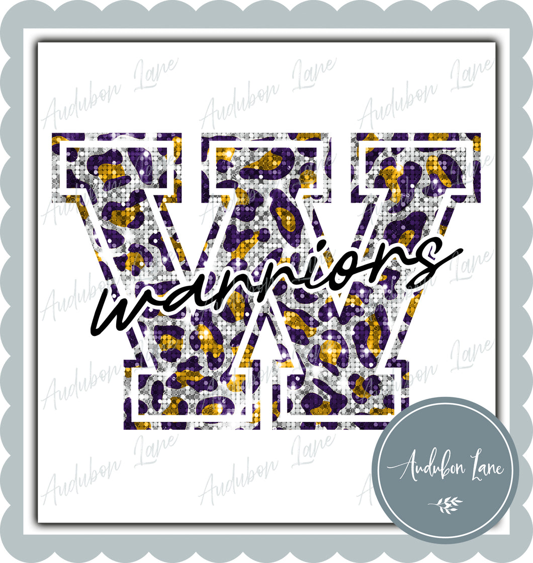 Warriors Purple and Gold Sequin Leopard Mascot Letter Ready to Press DTF Transfer Customs Available On Request