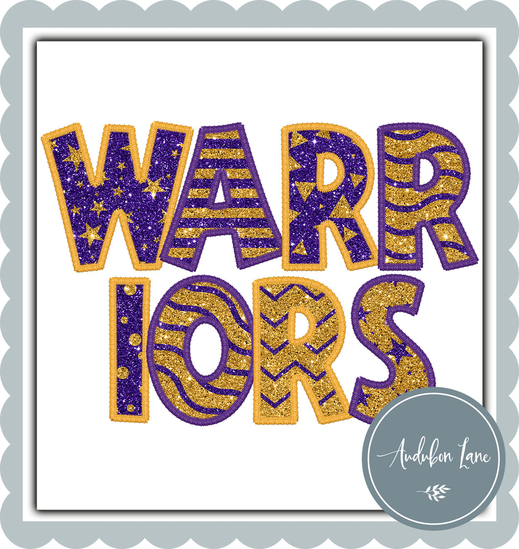 Warriors Stacked Faux Glitter and Embroidery Purple and Yellow Gold