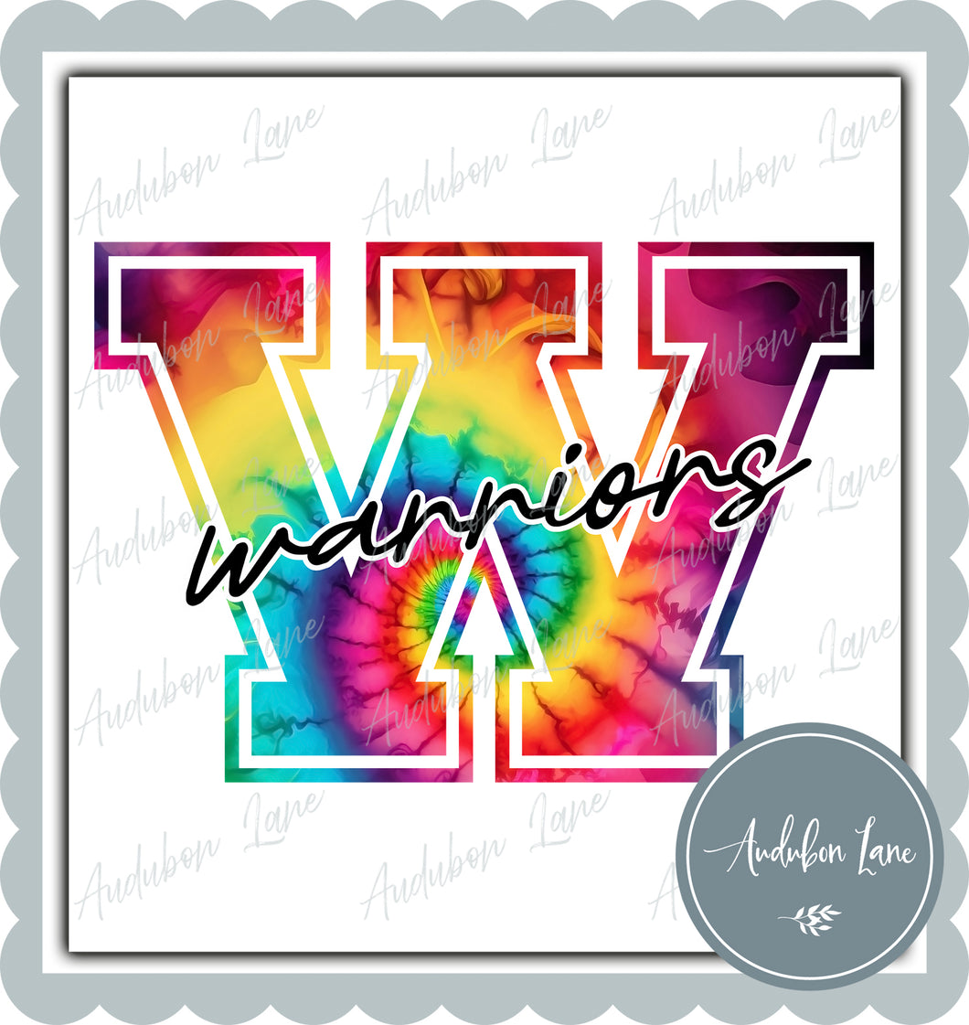 Warriors Rainbow Tie Dye Mascot Letter Ready to Press DTF Transfer Customs Available On Request