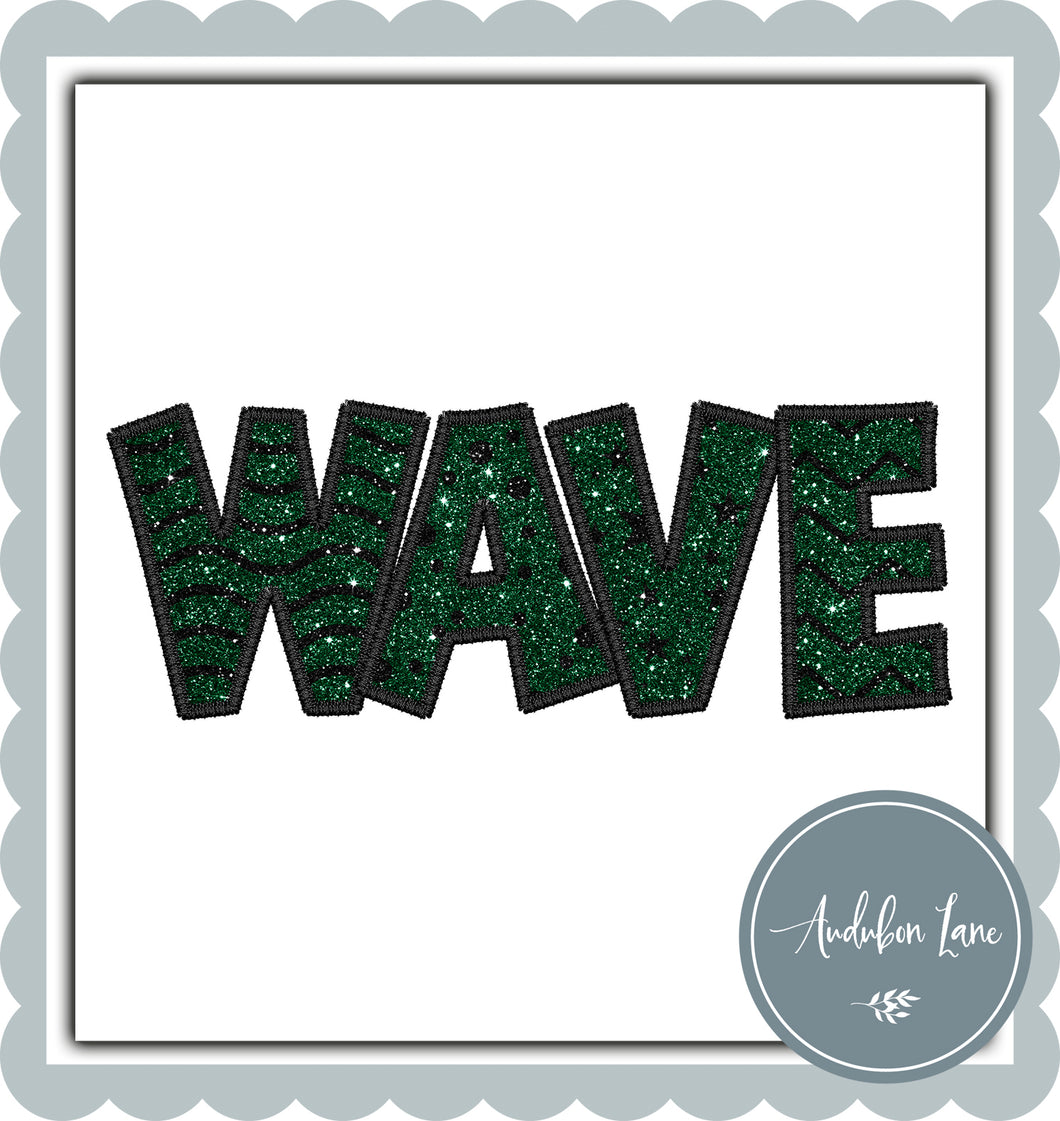Greenwave Straight Across Dk Green Glitter Shapes with Black Embroidery