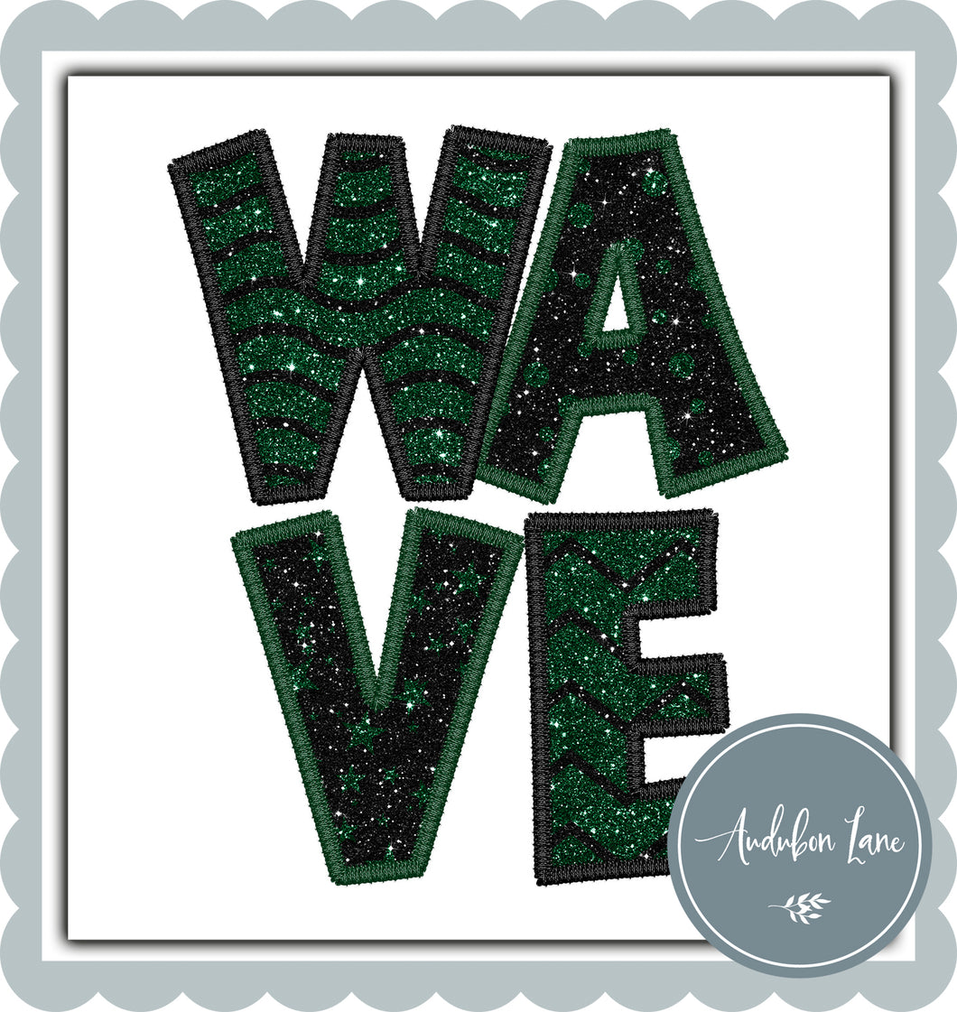 Greenwave Stacked Dk Green Glitter Shapes with Black Embroidery