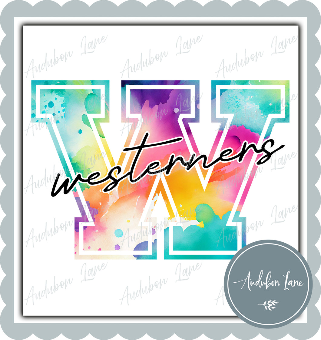 Westerners Watercolor Team Mascot Letter Ready to Press DTF Transfer Custom Mascots Available On Request