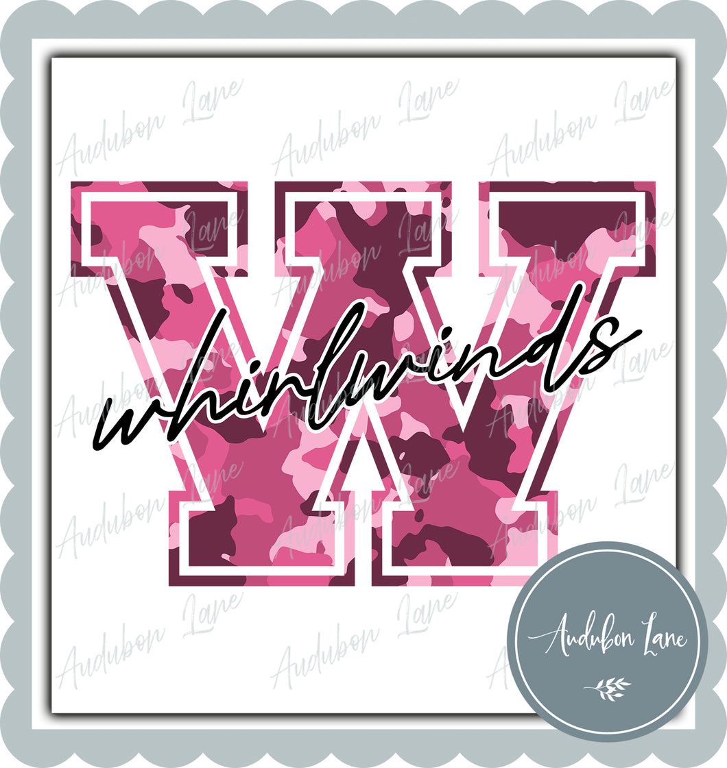 Whirlwinds Breast Cancer Awareness Pink Camo Mascot Letter Ready to Press DTF Transfer Customs Available On Request