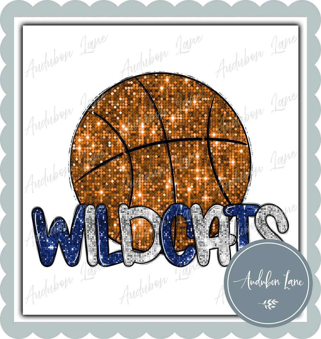 Wildcats Royal Blue and White Faux Sequin Basketball with Mascot Print Ready To Press DTF Transfer Custom Colors Available On Request