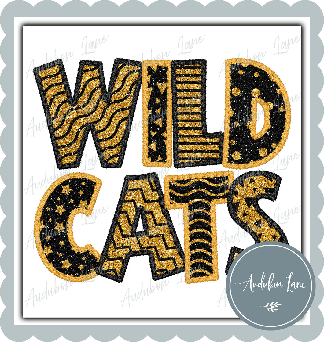 Wildcats Stacked Faux Glitter and Embroidery Yellow Gold and Black Plain Ready To Press DTF Transfer Custom Colors Available On Request