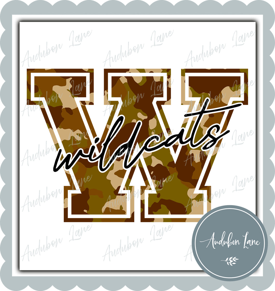 Wildcats Old School Camo Mascot Letter Ready to Press DTF Transfer Customs Available On Request