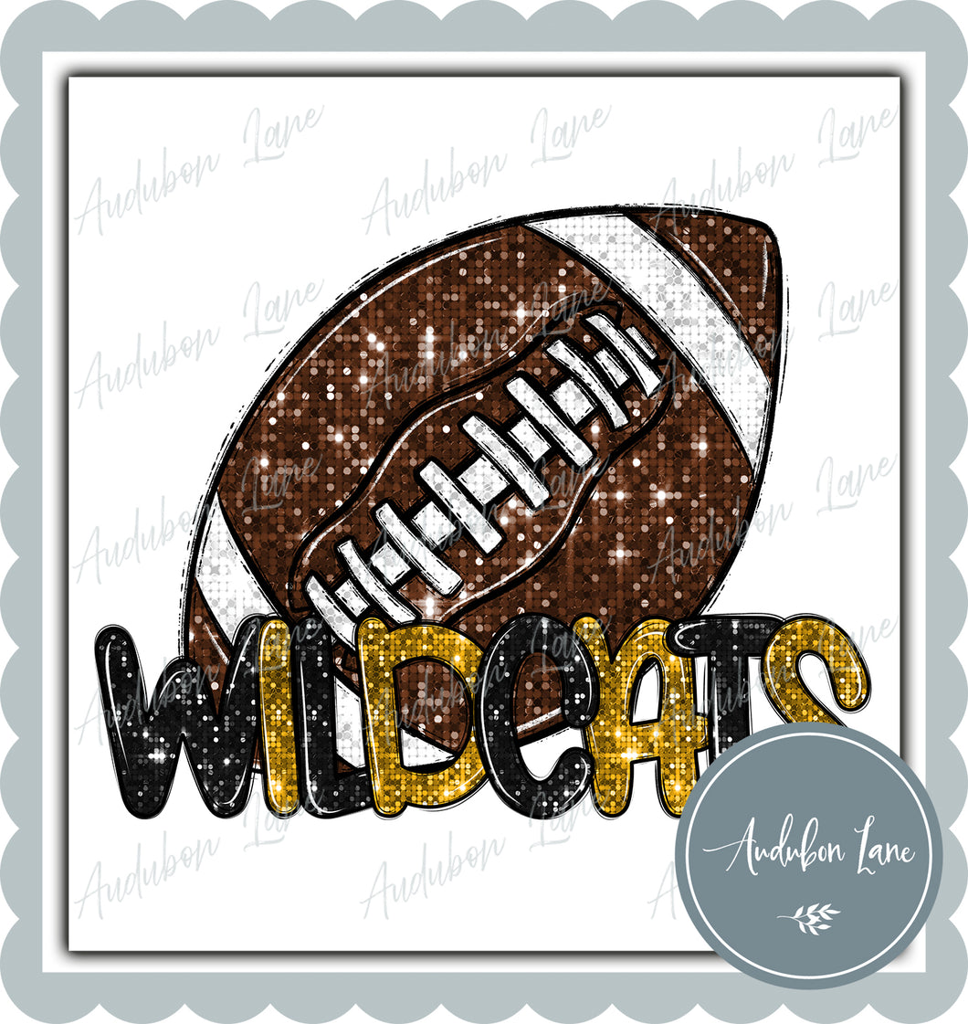 Wildcats Black and Gold Faux Sequin Football with Mascot Print Ready To Press DTF Transfer Custom Colors Available On Request