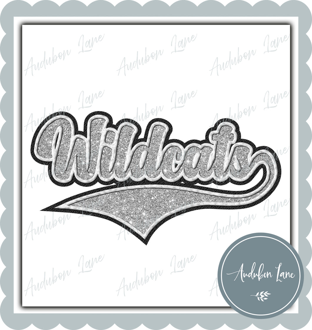 Wildcats Faux Embroidery Patch Faux Silver Glitter and White and Black Ready To Press DTF Transfer Custom Colors Available On Request