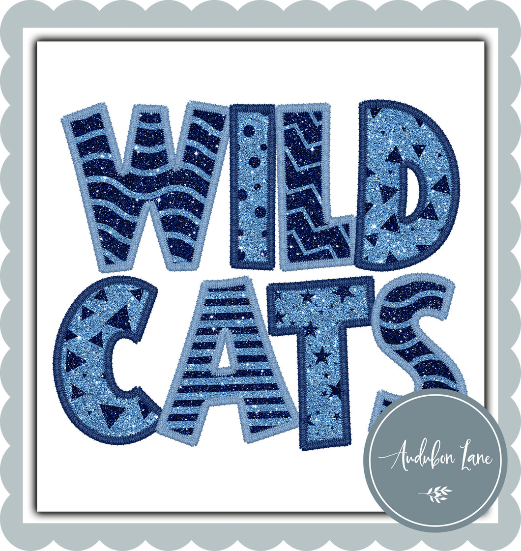 Wildcats Stacked Faux Glitter and Embroidery Lt Blue and Navy