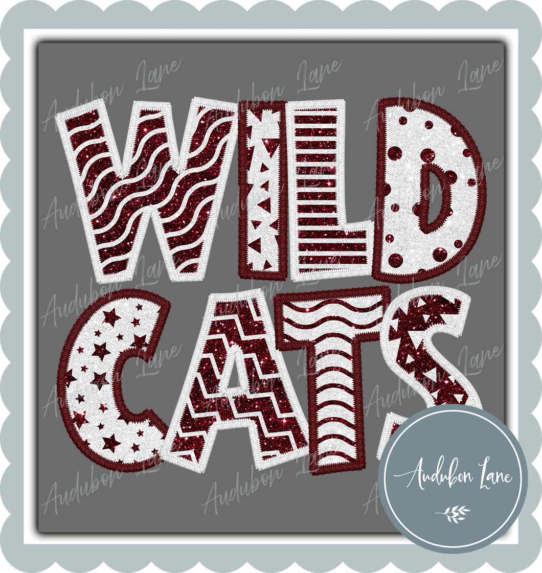 Wildcats Stacked Faux Glitter and Embroidery Maroon and White Shapes Ready To Press DTF Transfer Custom Colors Available On Request