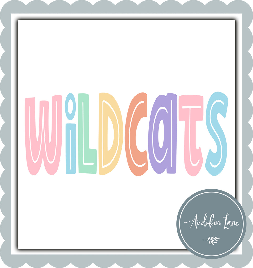 Wildcats Split Letter Pastel Color Mascot Ready To Press DTF Direct To Film Transfer
