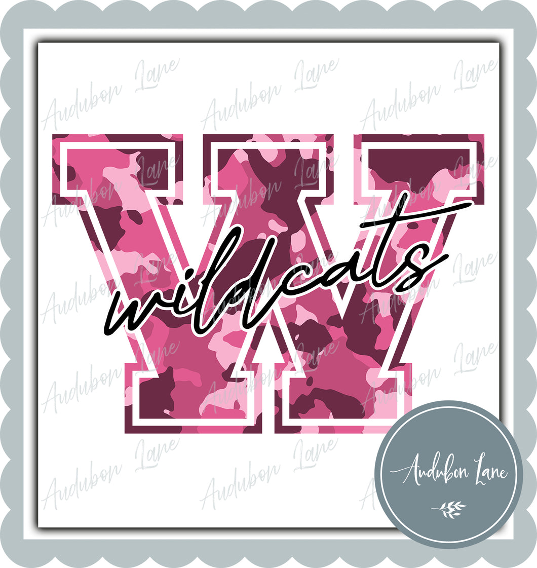 Wildcats Breast Cancer Awareness Pink Camo Mascot Letter Ready to Press DTF Transfer Customs Available On Request