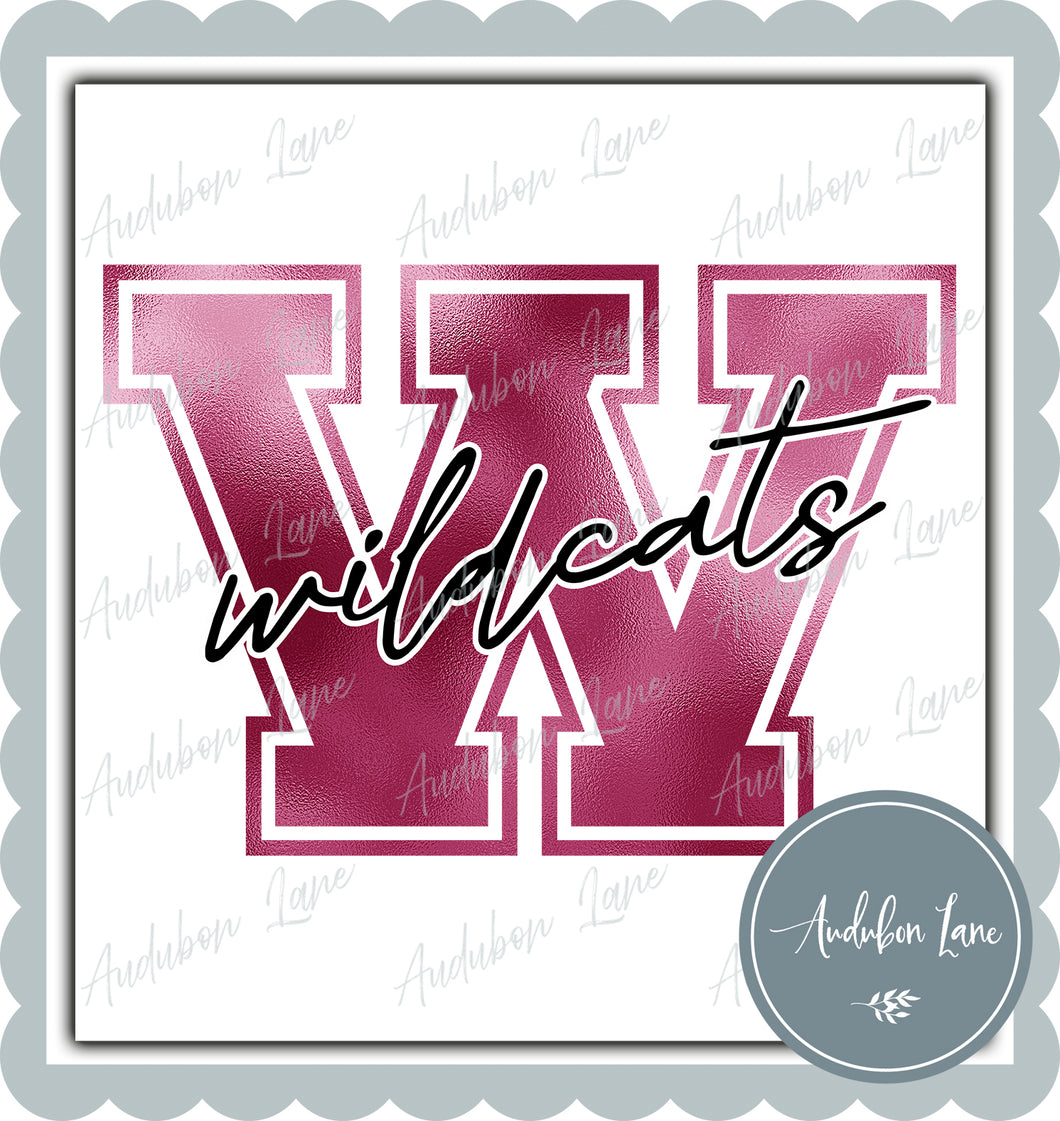 Wildcats Breast Cancer Awareness Faux Metallic Pink Foil Mascot Letter Ready to Press DTF Transfer Customs Available On Request