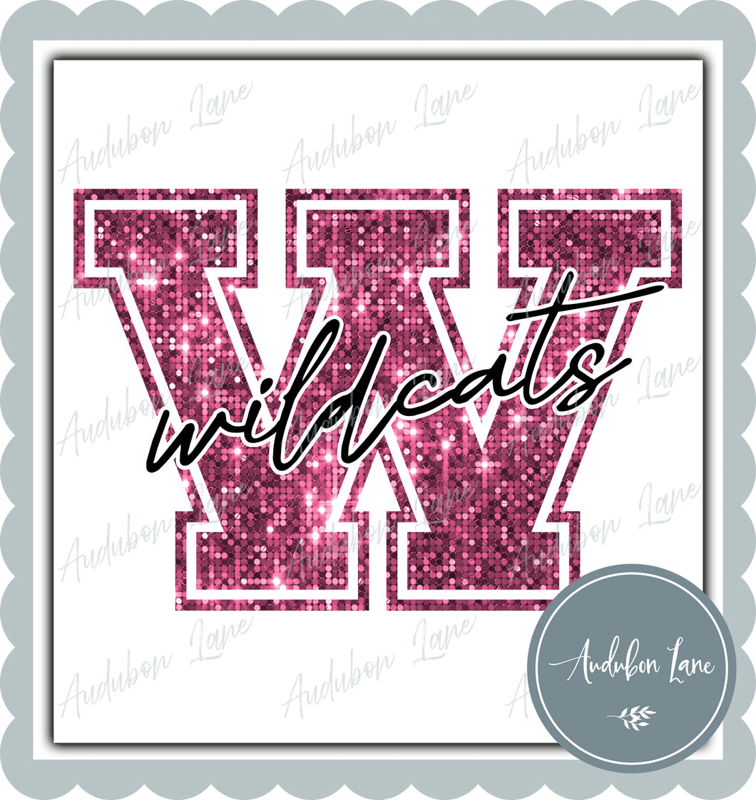 Wildcats Breast Cancer Awareness Faux Pink Sequin Mascot Letter Ready to Press DTF Transfer Customs Available On Request