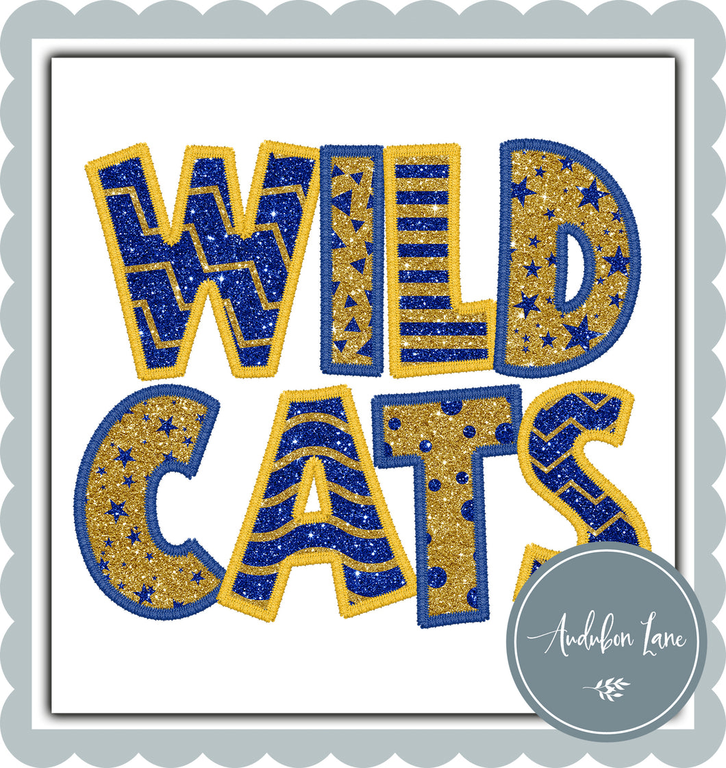 Wildcats Stacked Faux Glitter and Embroidery Yellow and Royal Blue