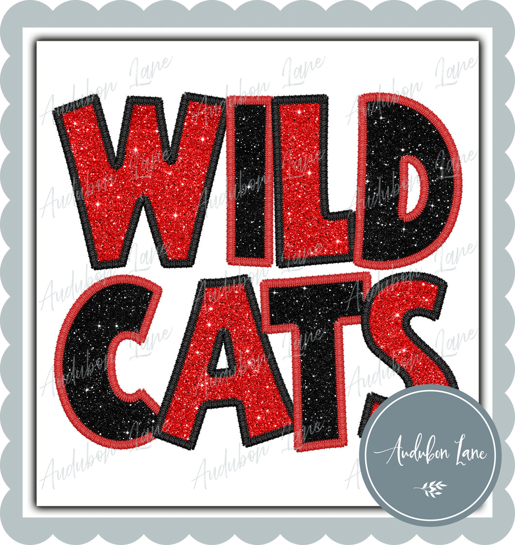 Wildcats Stacked Faux Glitter and Embroidery Red and Charcoal Ready To Press DTF Transfer Custom Colors Available On Request
