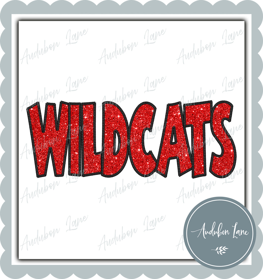 Wildcats Straight Across Faux Red Glitter and Black Embroidery Ready To Press DTF Transfer Custom Colors Available On Request