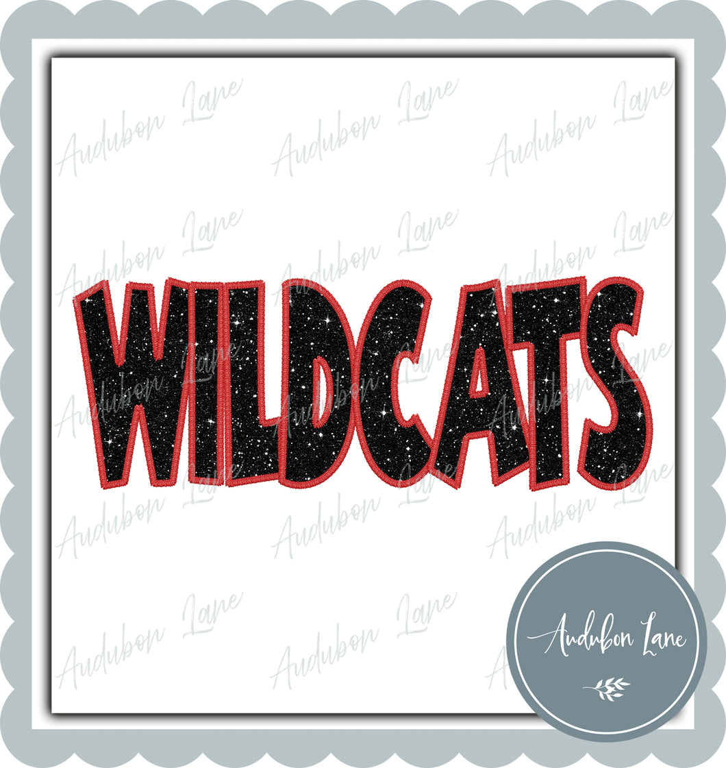 Wildcats Straight Across Faux Charcoal Glitter and Red Embroidery Ready To Press DTF Transfer Custom Colors Available On Request