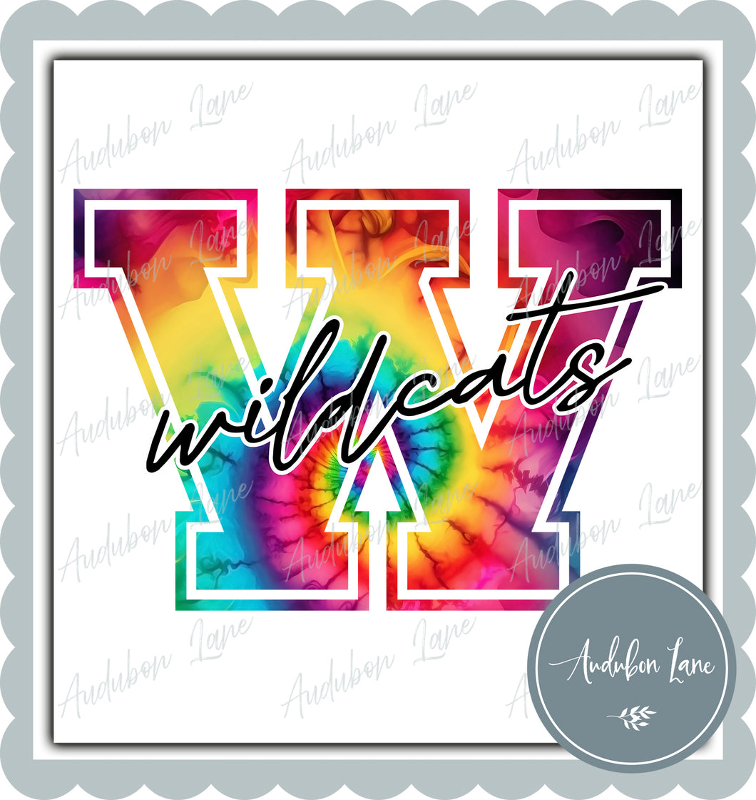 Wildcats Rainbow Tie Dye Mascot Letter Ready to Press DTF Transfer Customs Available On Request