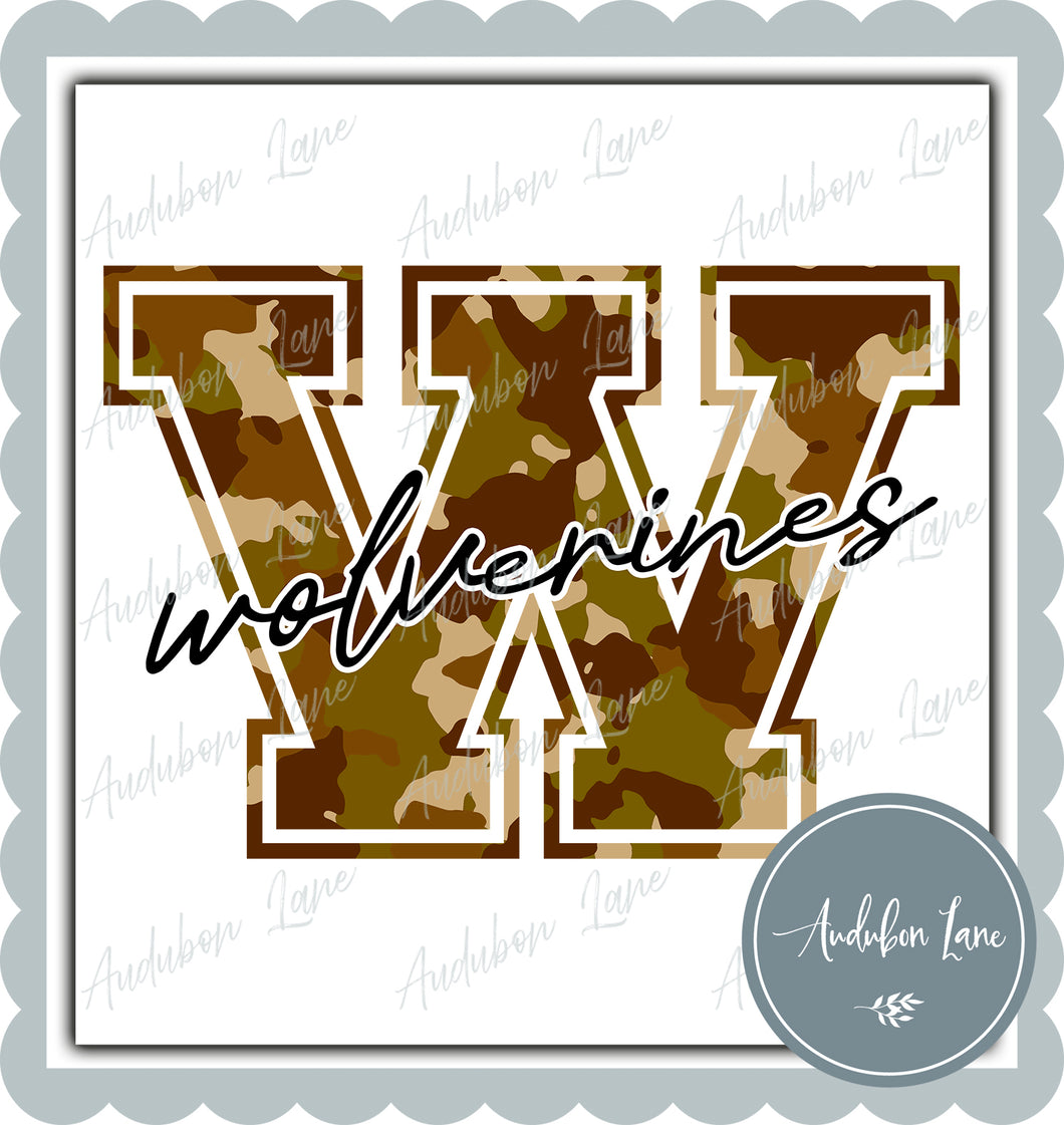 Wolverines Old School Camo Mascot Letter Ready to Press DTF Transfer Customs Available On Request