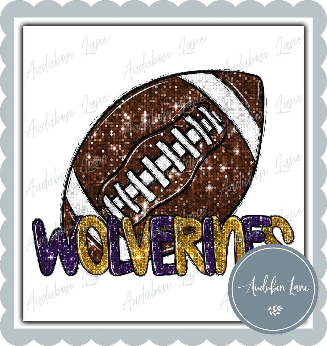 Wolverines Purple and Gold Faux Sequin Football with Mascot Print Ready To Press DTF Transfer Custom Colors Available On Request
