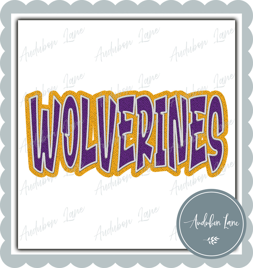 Wolverines Graffiti Style Mesh Purple and Yellow Gold Mascot Ready to Press DTF Transfer Customs Available On Request