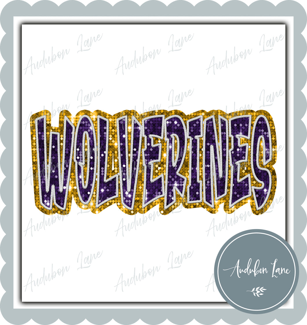 Wolverines Graffiti Style Sequin Purple and Yellow Gold Mascot Ready to Press DTF Transfer Customs Available On Request