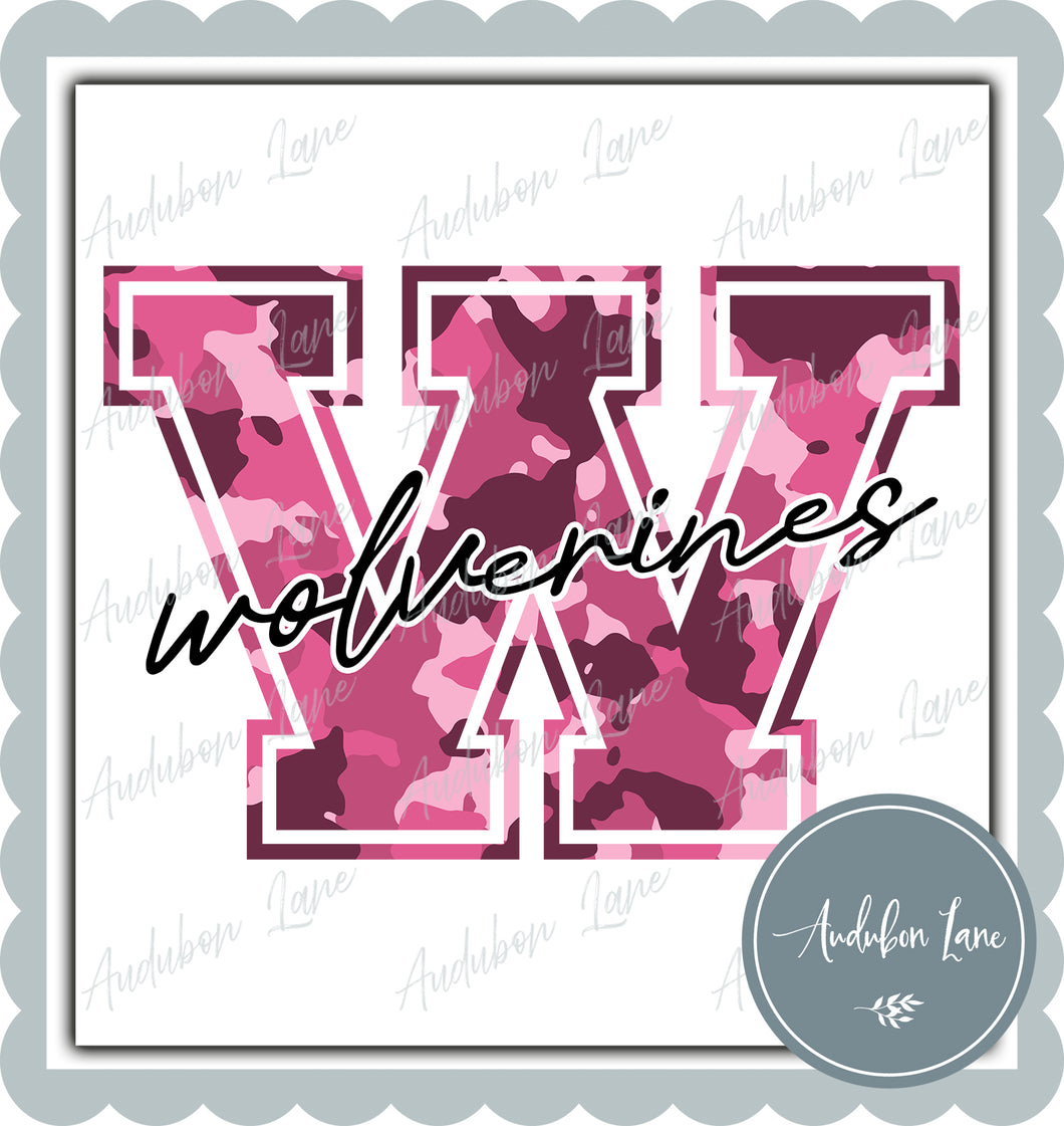 Wolverines Breast Cancer Awareness Pink Camo Mascot Letter Ready to Press DTF Transfer Customs Available On Request