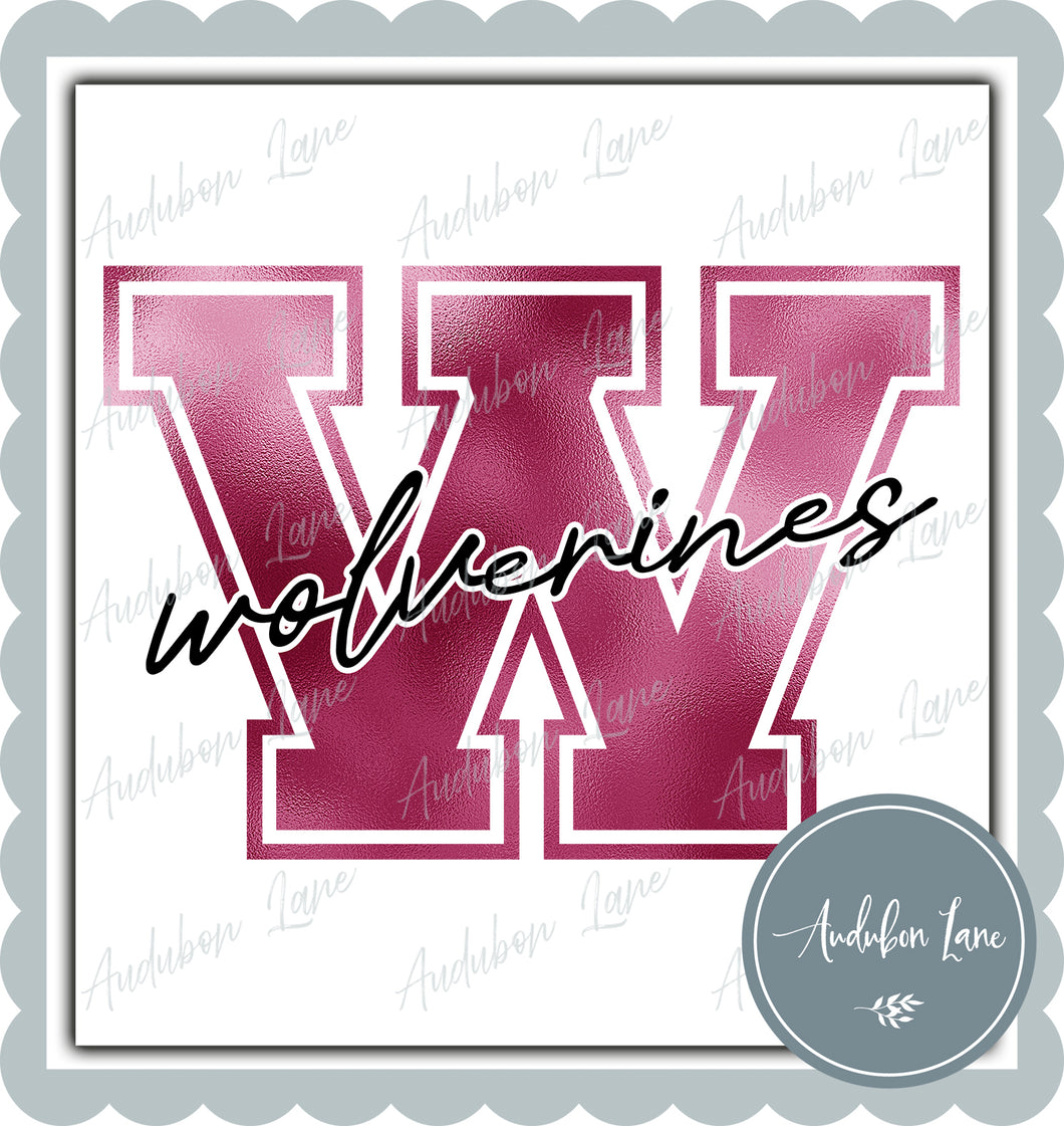 Wolverines Breast Cancer Awareness Faux Metallic Pink Foil Mascot Letter Ready to Press DTF Transfer Customs Available On Request