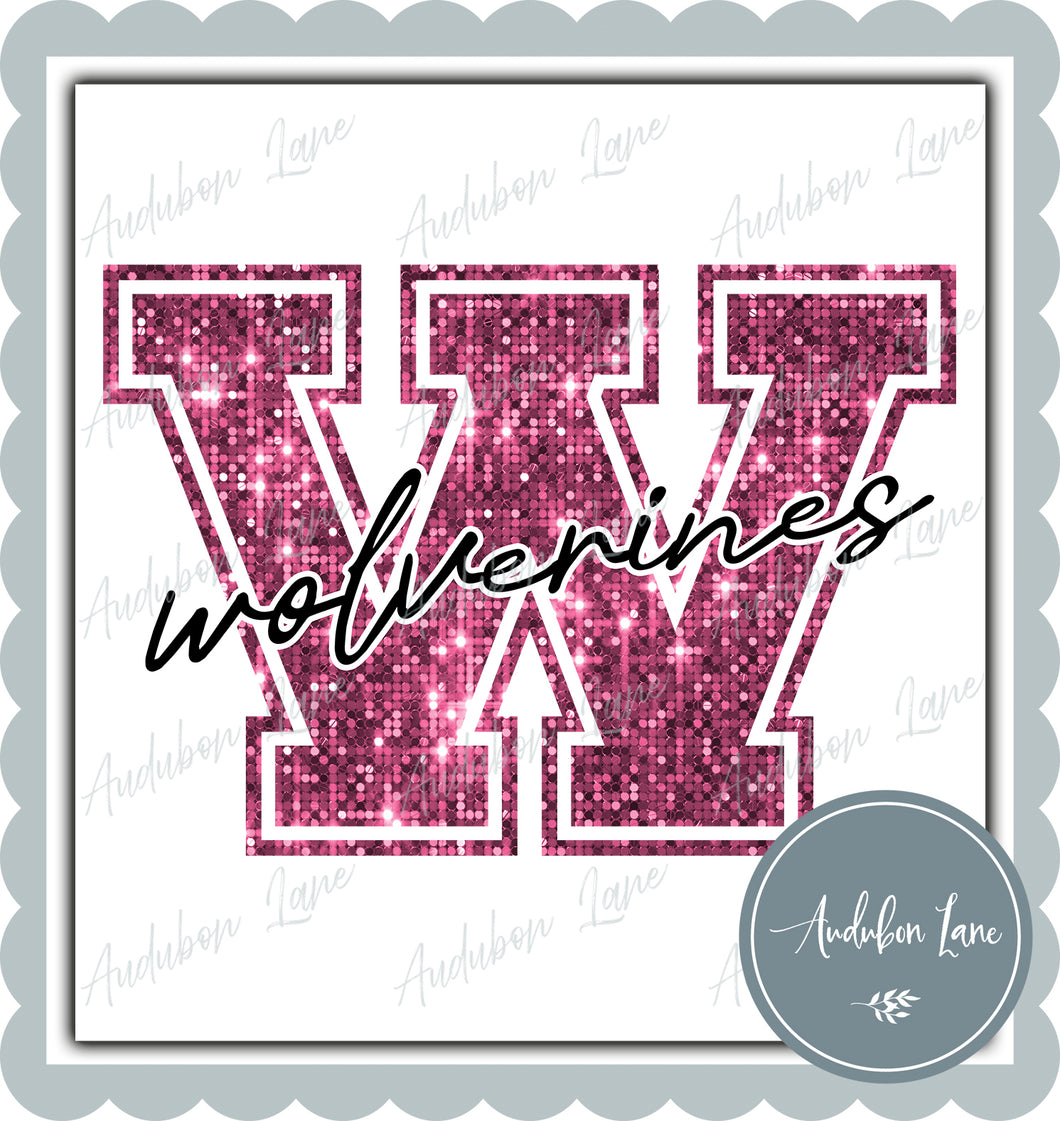 Wolverines Breast Cancer Awareness Faux Pink Sequin Mascot Letter Ready to Press DTF Transfer Customs Available On Request