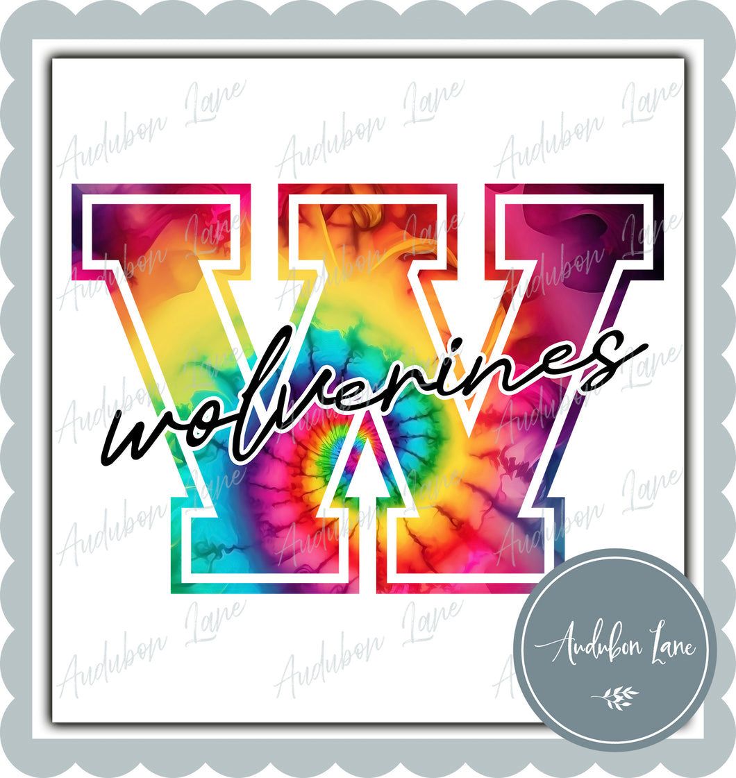 Wolverines Rainbow Tie Dye Mascot Letter Ready to Press DTF Transfer Customs Available On Request