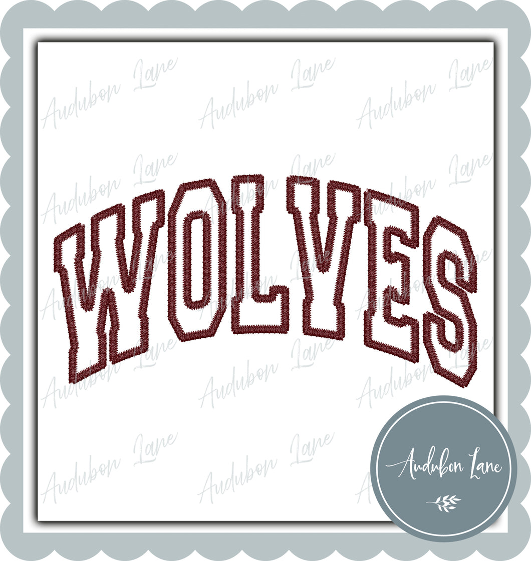 Wolves Faux Maroon Arched Embroidery Ready To Press DTF Transfer Custom Colors Available On Request