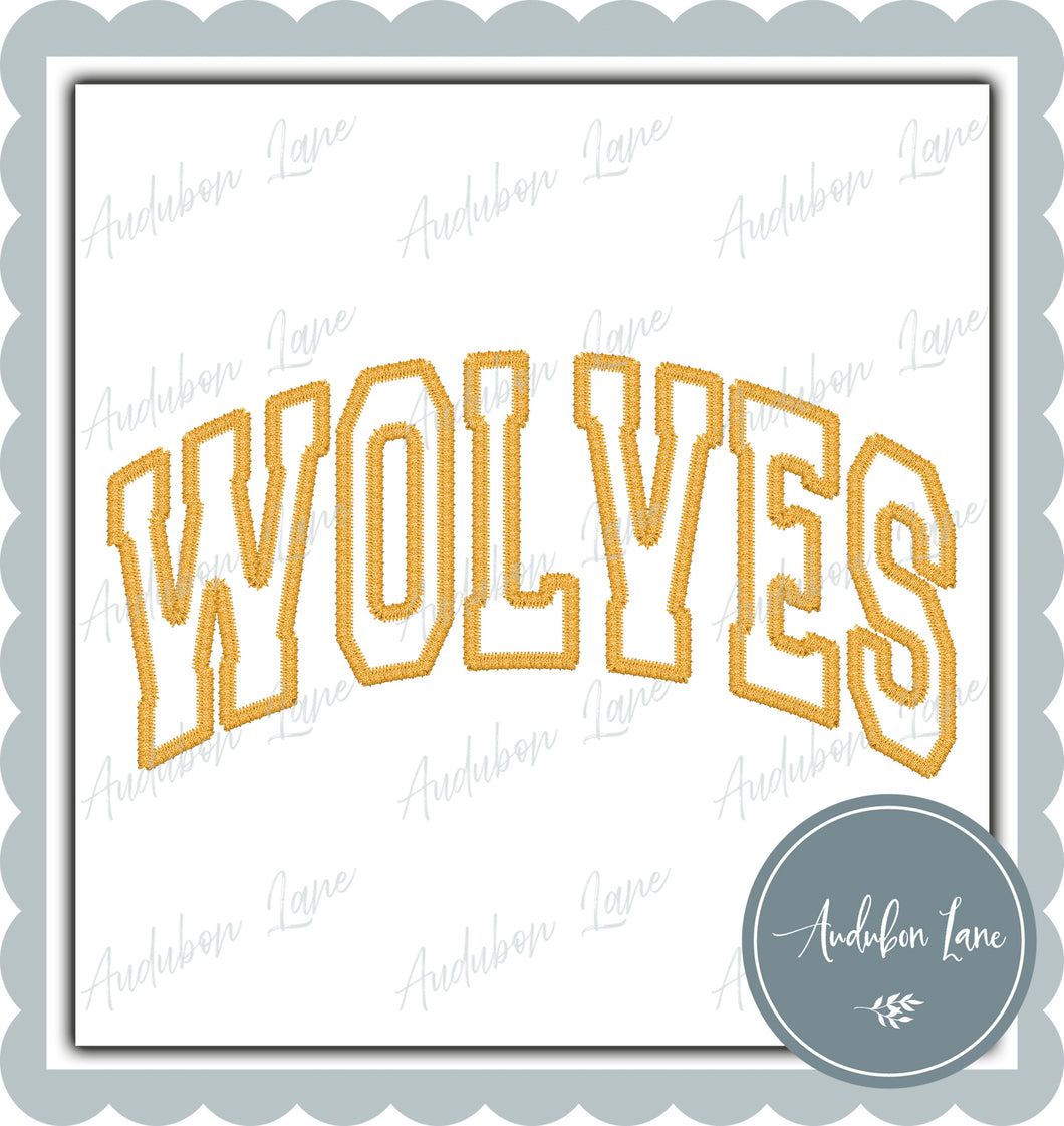 Wolves Faux Yellow Gold Arched Embroidery Ready To Press DTF Transfer Custom Colors Available On Request
