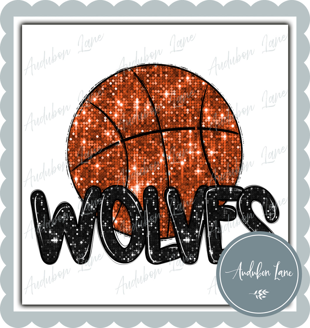 Wolves Black Faux Sequin Basketball with Mascot Print Ready To Press DTF Transfer Custom Colors Available On Request