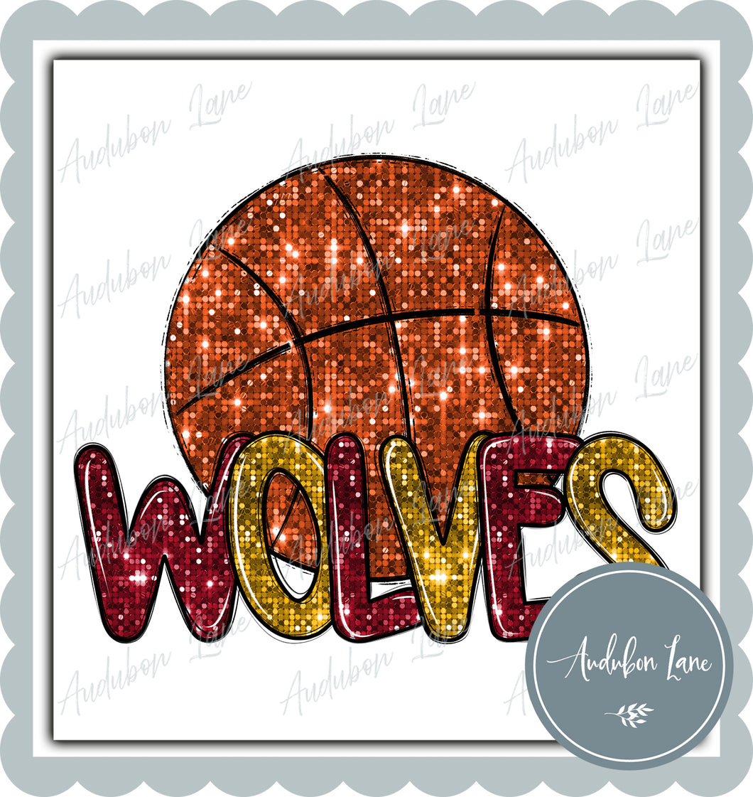 Wolves Maroon and Gold Faux Sequin Basketball with Mascot Print Ready To Press DTF Transfer Custom Colors Available On Request