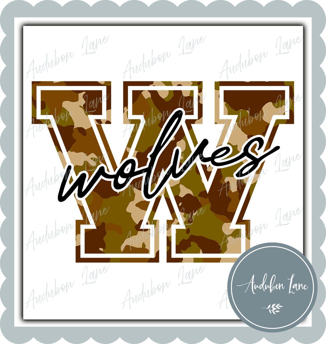 Wolves Old School Camo Mascot Letter Ready to Press DTF Transfer Customs Available On Request