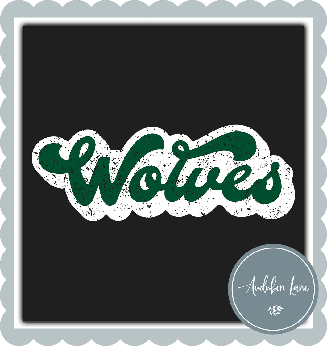Wolves Retro Distressed Dark Green and White Print Ready To Press DTF Transfer Custom Colors Available On Request
