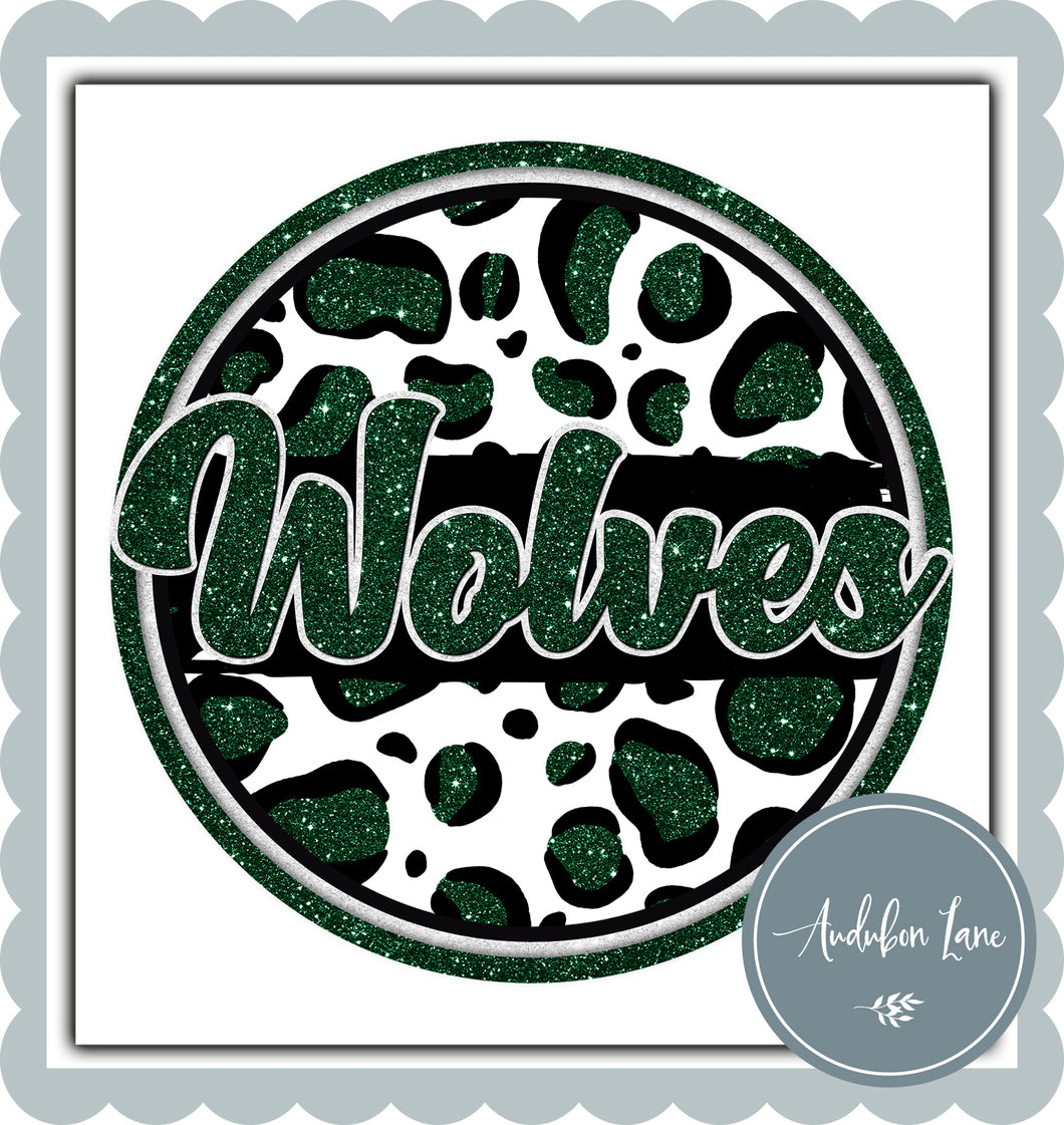 Wolves Faux Emerald and White Glitter Leopard Circle Team Mascot Ready to Press DTF Transfer Custom Mascots Available On Request