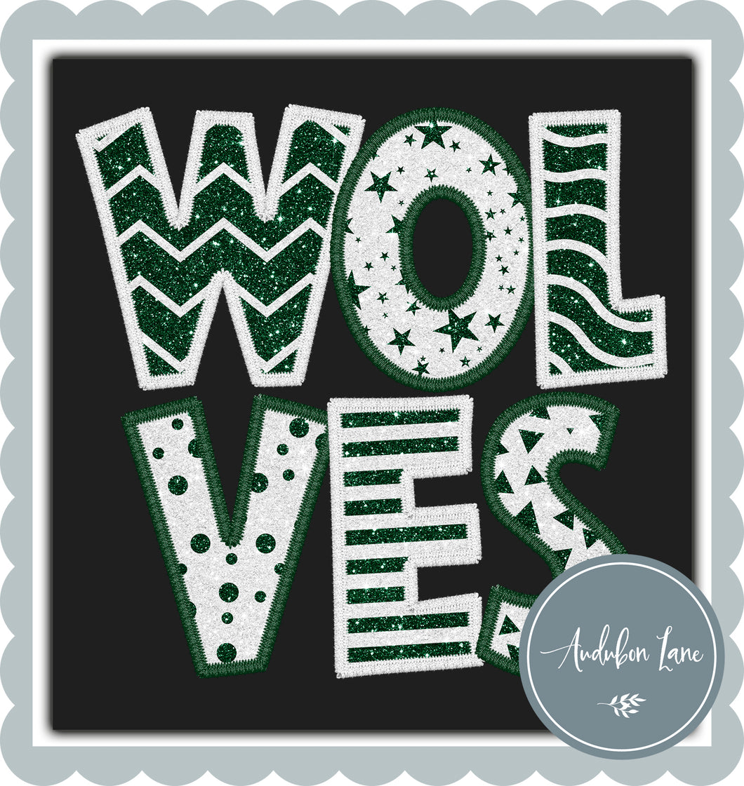 Wolves Stacked Faux Glitter and Embroidery Emerald and White Ready To Press DTF Transfer Custom Colors Available On Request