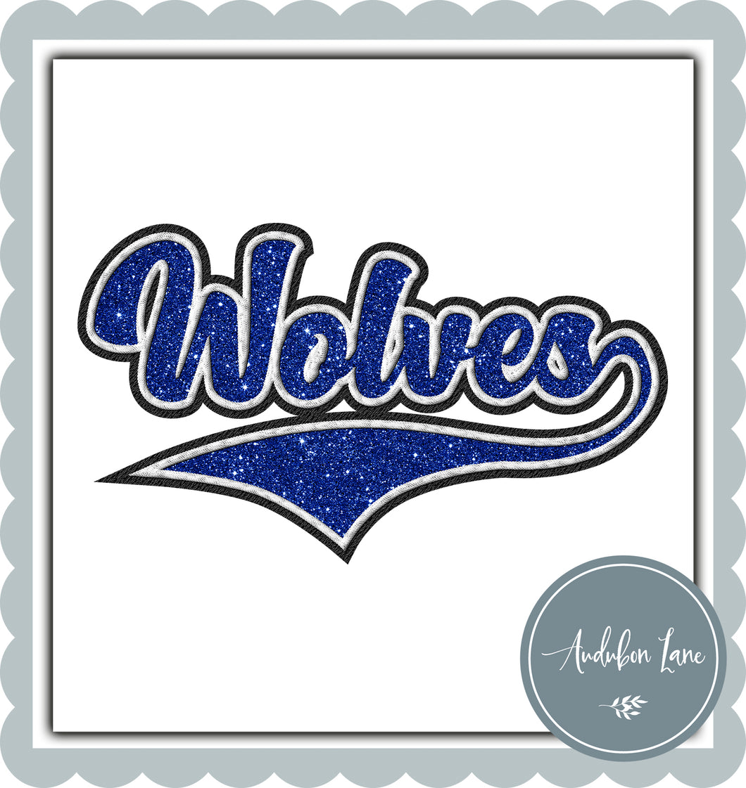 Wolves Faux Royal Blue Glitter and White and Black Embroidery