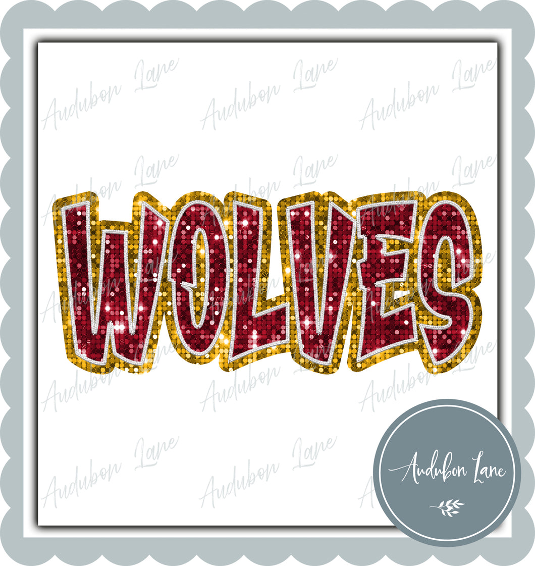 Wolves Graffiti Style Sequin Maroon and Yellow Gold Mascot Ready to Press DTF Transfer Customs Available On Request