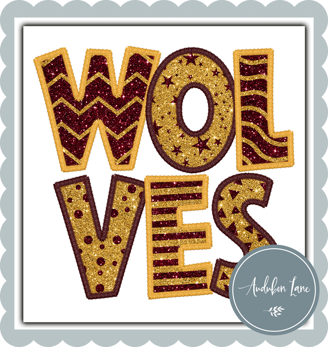 Wolves Stacked Faux Glitter and Embroidery Maroon and Yellow Gold Ready To Press DTF Transfer Custom Colors Available On Request