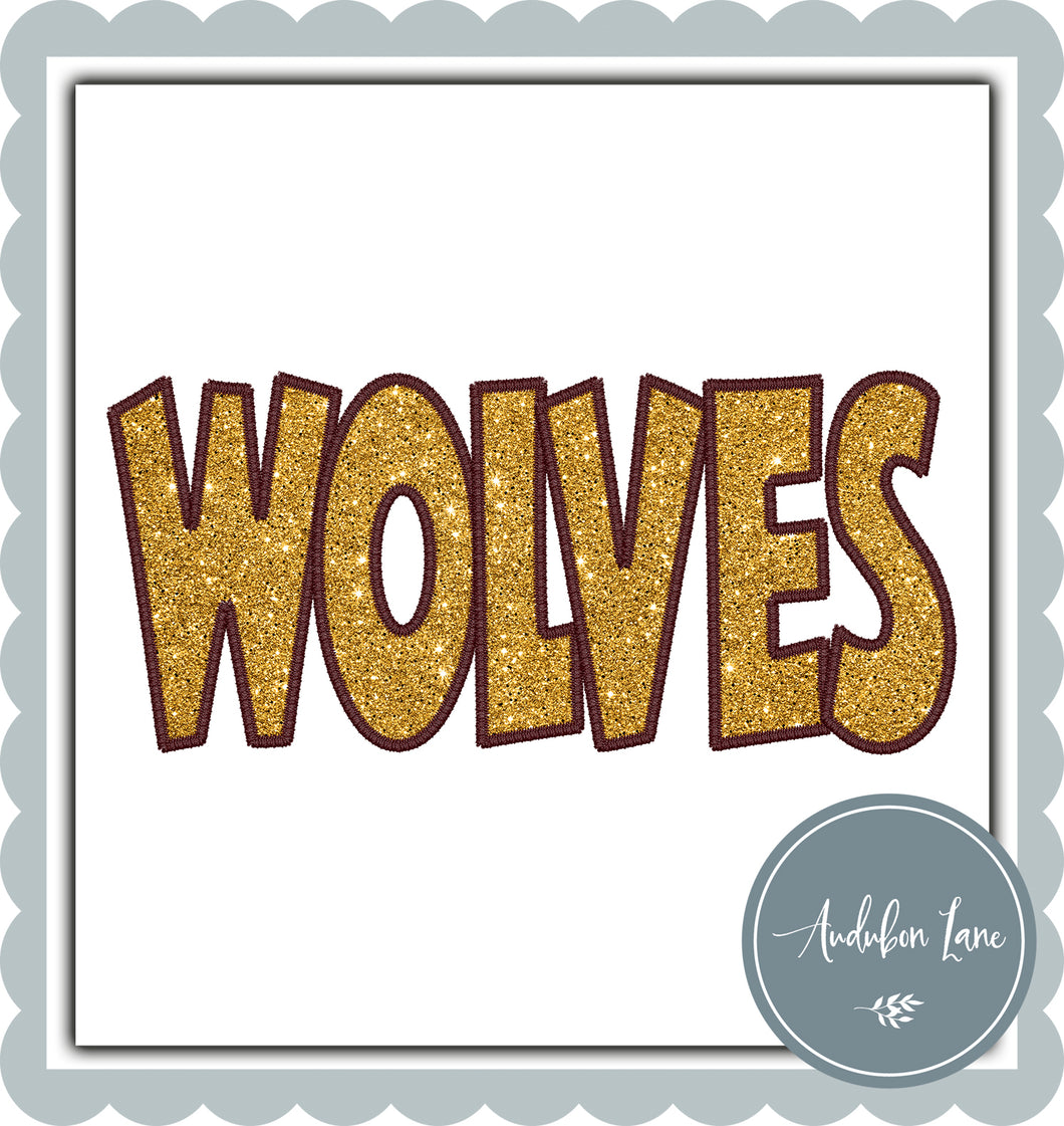 Wolves Straight Across Faux Yellow Gold Glitter and Maroon Embroidery Ready To Press DTF Transfer Custom Colors Available On Request