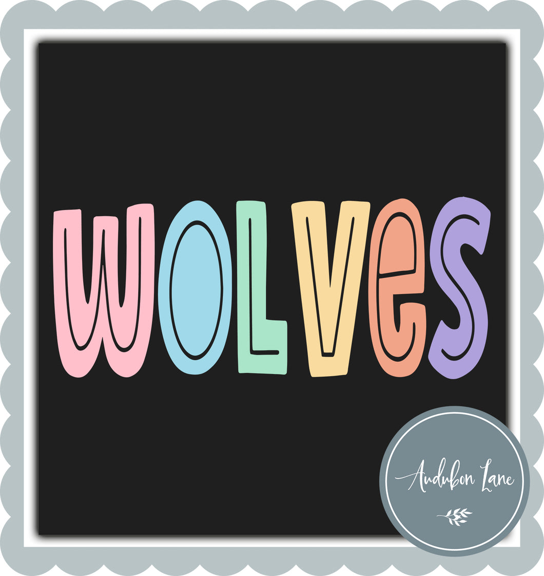 Wolves Split Letter Pastel Color Mascot Ready To Press DTF Direct To Film Transfer Customs Available On Request