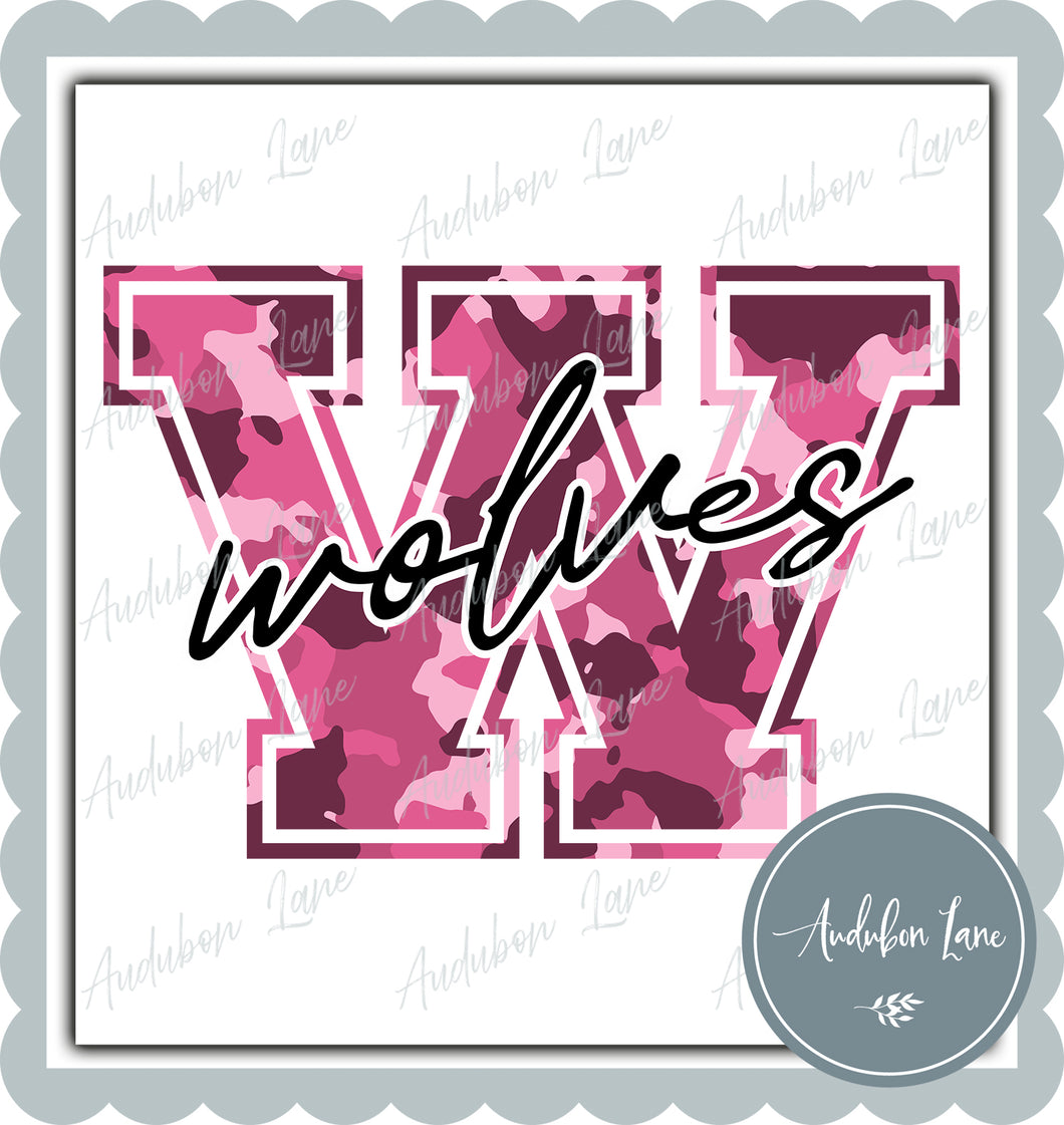 Wolves Breast Cancer Awareness Pink Camo Mascot Letter Ready to Press DTF Transfer Customs Available On Request