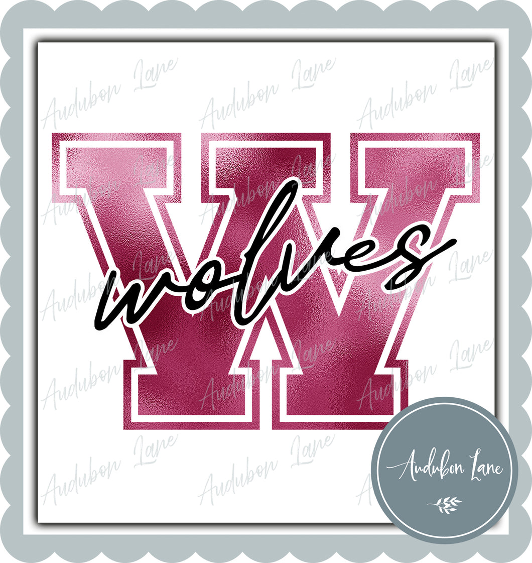 Wolves Breast Cancer Awareness Faux Metallic Pink Foil Mascot Letter Ready to Press DTF Transfer Customs Available On Request