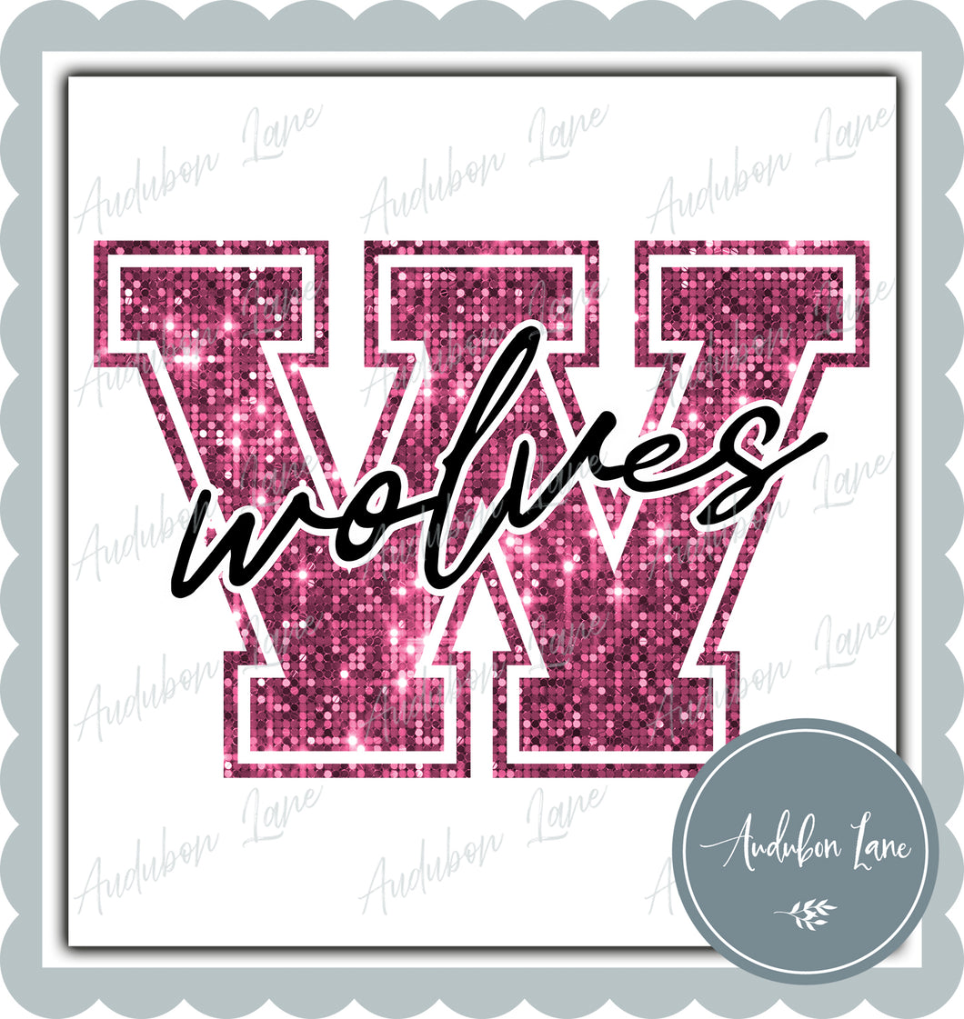 Wolves Breast Cancer Awareness Faux Pink Sequin Mascot Letter Ready to Press DTF Transfer Customs Available On Request