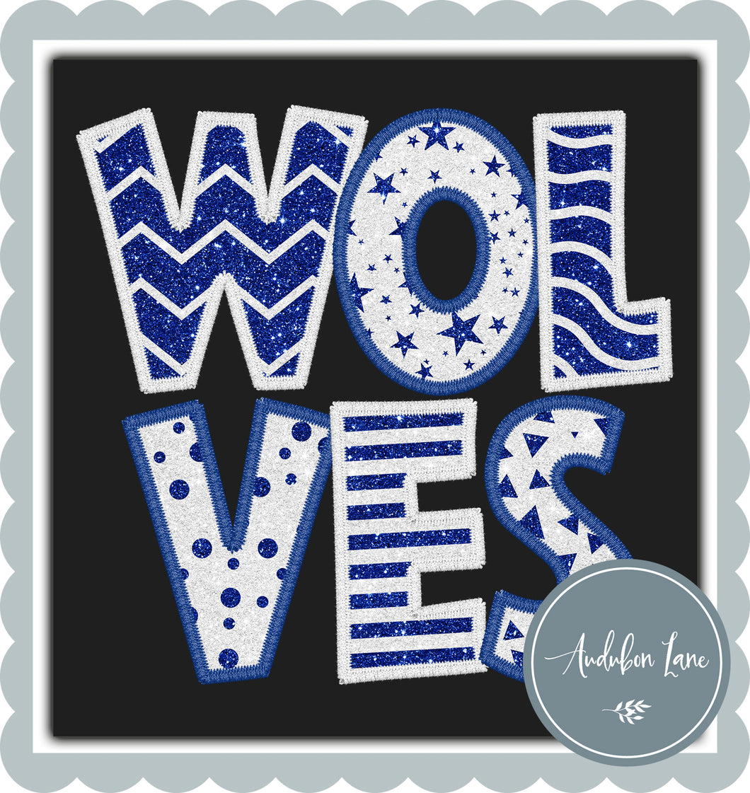 Wolves Stacked Faux Glitter and Embroidery Royal Blue and White