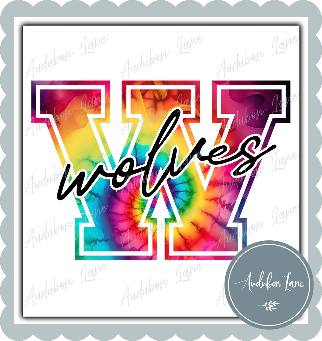 Wolves Rainbow Tie Dye Mascot Letter Ready to Press DTF Transfer Customs Available On Request